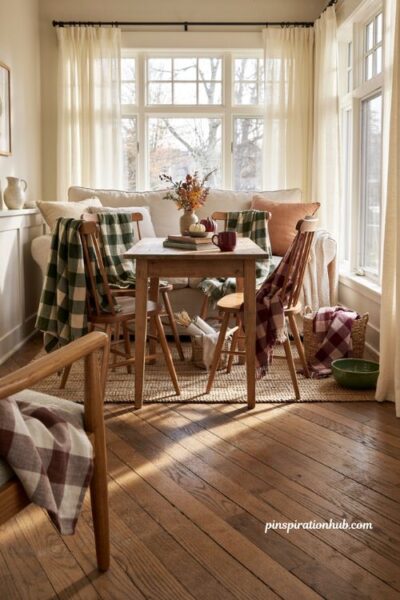 Fall sunroom baby shower seating with cozy plaid throws and warm autumn decor