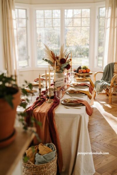 Fall sunroom baby shower with burnt orange burgundy mustard and sage green decor