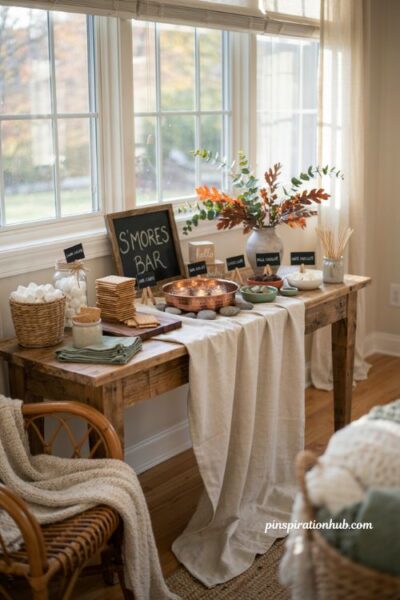 Fall sunroom baby shower with cozy smores station graham crackers marshmallows and rustic decor