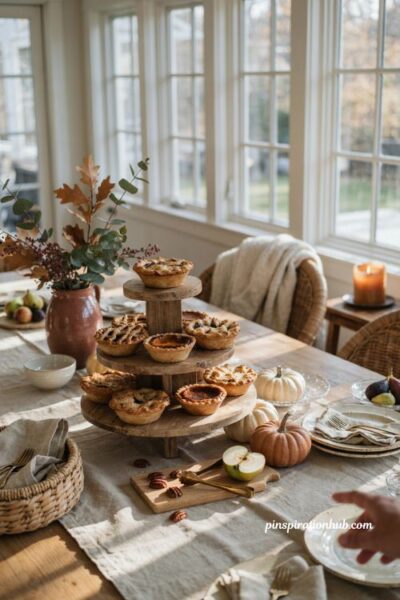 Fall sunroom baby shower with mini pies on a tiered wooden dessert stand