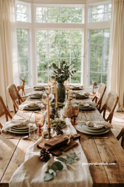 Fall sunroom baby shower with woodland forest decor pinecones and forest green details