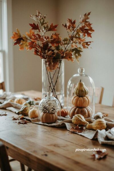 Fall table decor with tall vase stacked cloches gourds and leaves