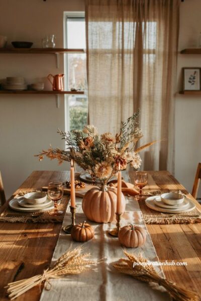Faux pumpkin flower centerpiece idea with realistic fall stems for reusable table decor