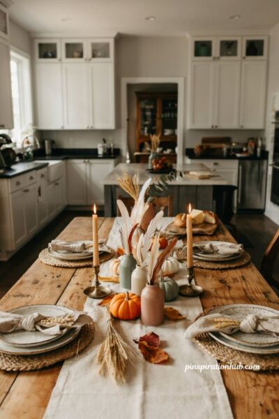 Feather and tin can pumpkin centerpiece idea for a budget friendly fall table decor