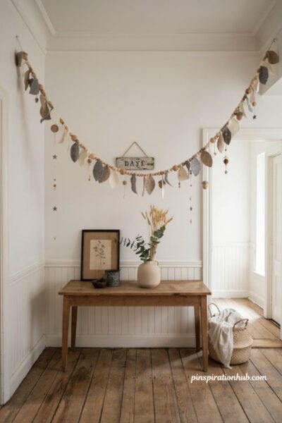 Felt sign and wood bead garland farmhouse wall decor ideas