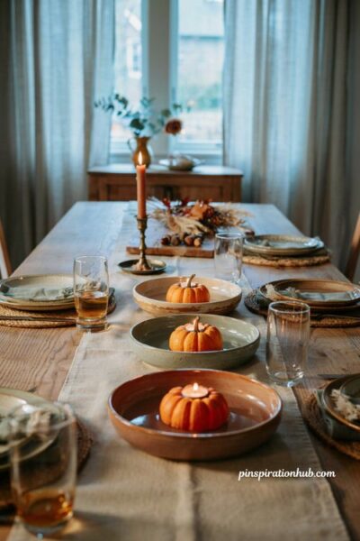 Floating pumpkin candle centerpiece in ceramic bowls for a cozy fall dining table