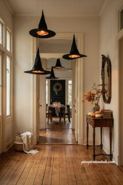 Floating witch hat luminaries for a magical Halloween entryway