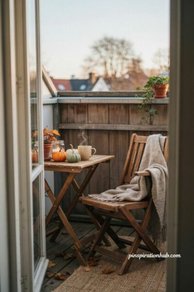 Folding side table for fall balcony with apple cider, mini pumpkins and jar candle, cozy teak chair, chunky knit throw, and rustic autumn decor