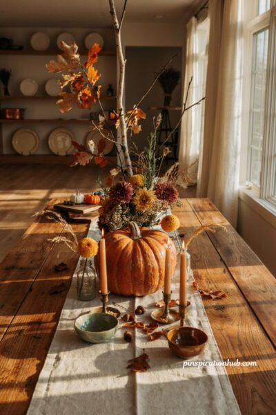 Foraged fall leaf pumpkin flower centerpiece with dahlias and mums for rustic table decor