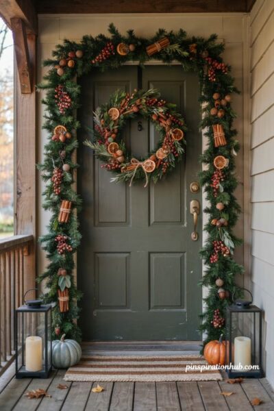 Fragrant fall front door garland with dried oranges and cinnamon