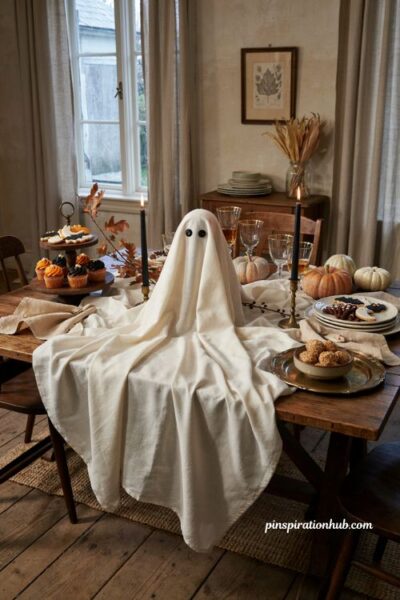 Ghost tablecloth centerpiece for a cozy Halloween dessert table