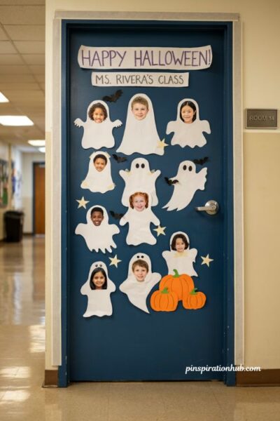 Ghosts with student photos for fun Halloween classroom door decorations
