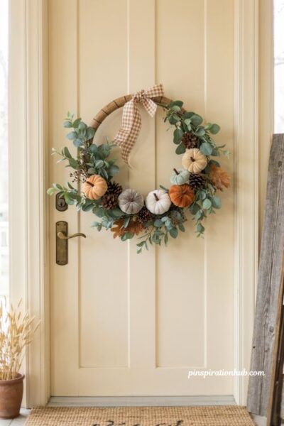 Gingham pumpkin wreath for front door with eucalyptus pinecones velvet pumpkins and farmhouse ribbon