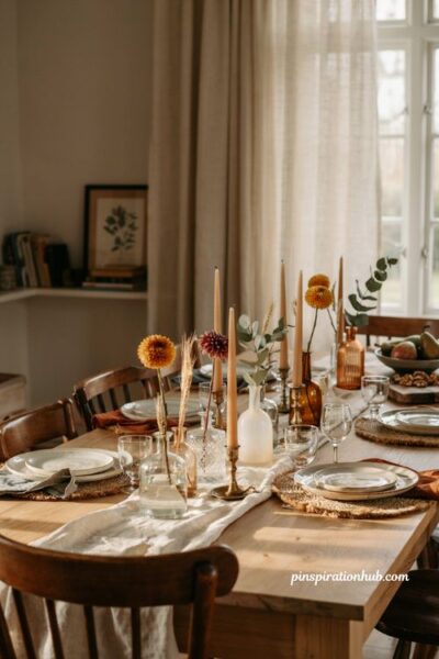 Glass bud vase row centerpiece for a simple diy fall dining table decor