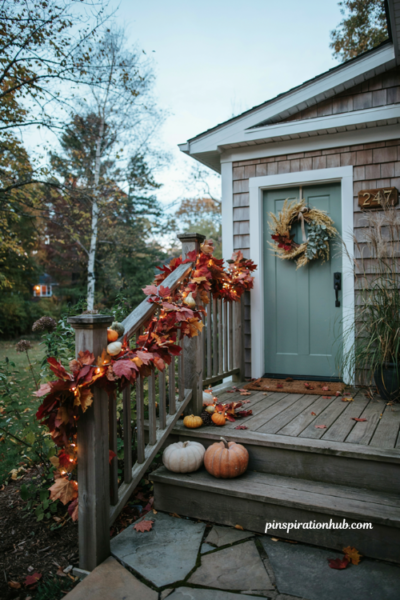 # Glowing maple leaf railing garland title Fall porch railing decor with glowing maple leaf garland string lights mini pumpkins and pinecones