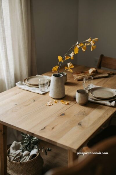 Golden branch centerpiece in a simple vase for a minimalist diy fall table