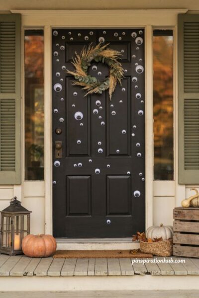 Googly eye front door for a fun diy Halloween decoration