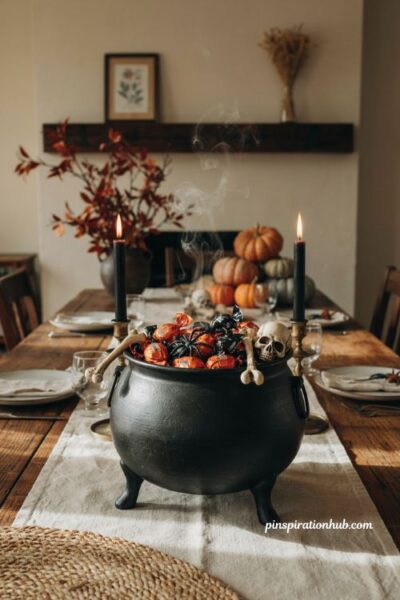 Halloween cauldron centerpiece with bubbling mist candy faux spiders bones and cozy fall table decor