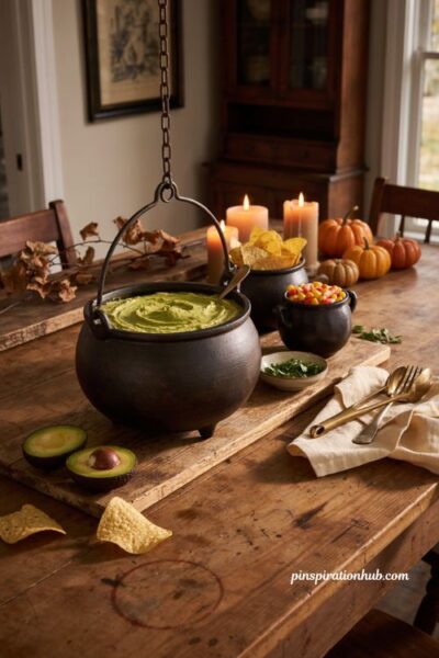 Halloween cauldron serving centerpiece for a cozy party food table