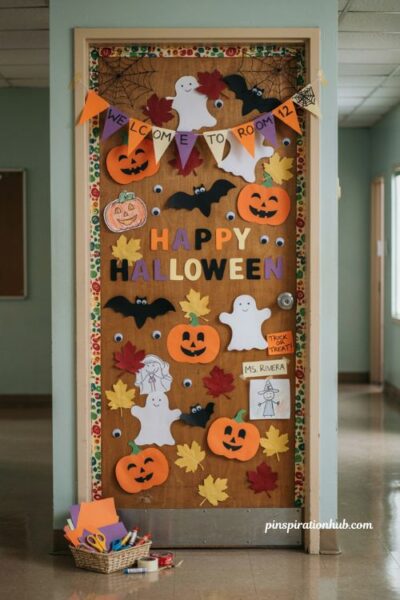 Halloween classroom door decorations with paper crafts and googly eyes