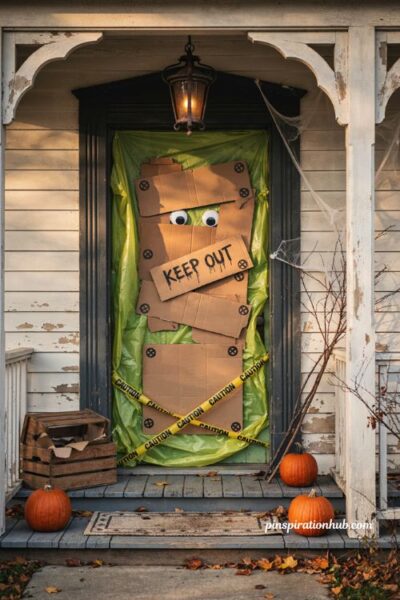 Halloween door decorations with boarded up haunted house door green planks caution tape and spooky porch decor