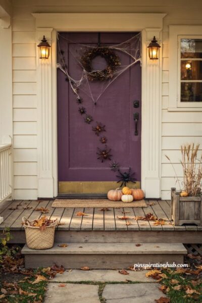 Halloween door decorations with crawling black spider trail purple door and spooky web decor