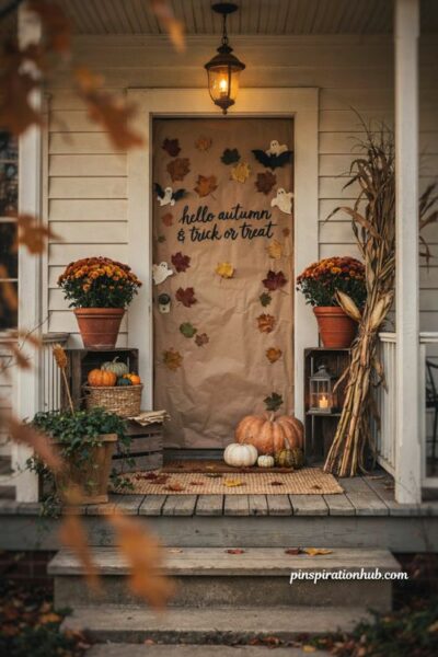 Halloween door decorations with fall leaves paper ghosts bats pumpkins and rustic autumn porch