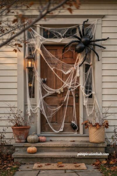 Halloween door decorations with fuzzy cobweb frame oversized spider and eerie front porch