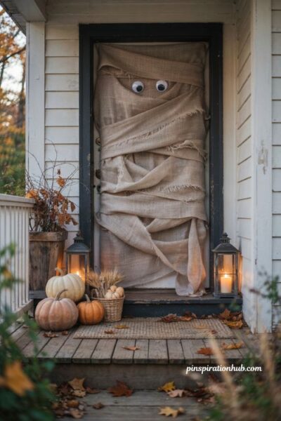 Halloween door decorations with gauze mummy wrap googly eyes and cozy spooky fall porch