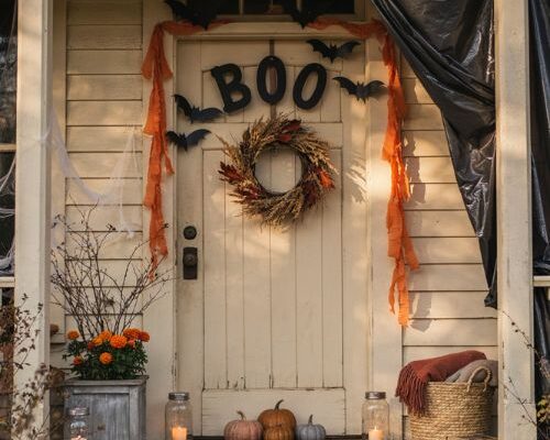 Halloween door decorations with handmade paper bats orange crepe and cozy fall porch decor