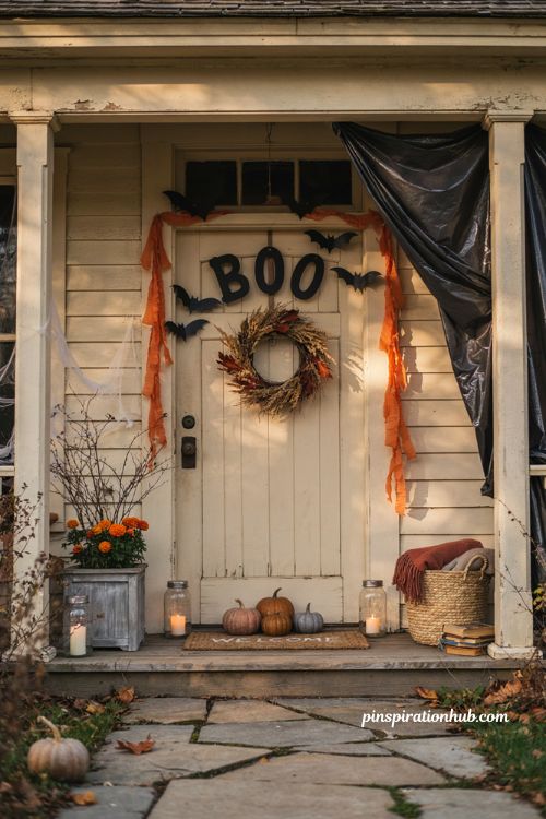 Halloween door decorations with handmade paper bats orange crepe and cozy fall porch decor
