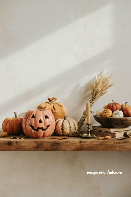 Vintage pumpkin decor with nostalgic 1970s ceramic jack o lanterns and handmade autumn accents