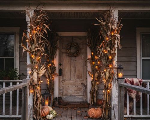 Halloween porch ideas with corn stalks wrapped in orange string lights