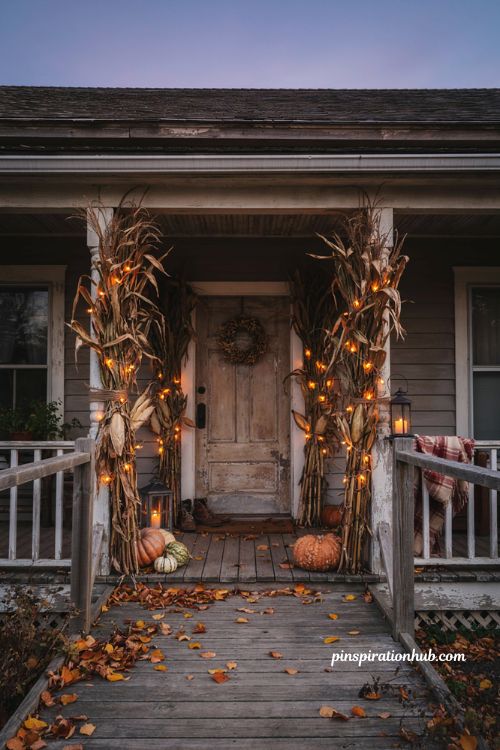 Halloween porch ideas with corn stalks wrapped in orange string lights