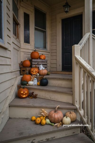 Halloween porch ideas mixing faux jack-o-lanterns with real pumpkins