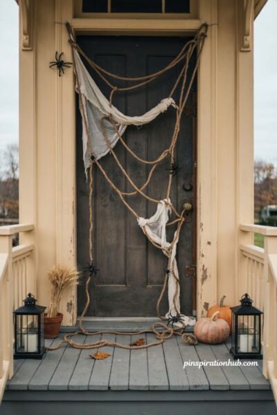 Halloween porch ideas with a giant spider web across the door and floorHalloween porch ideas with a giant spider web across the door and floor