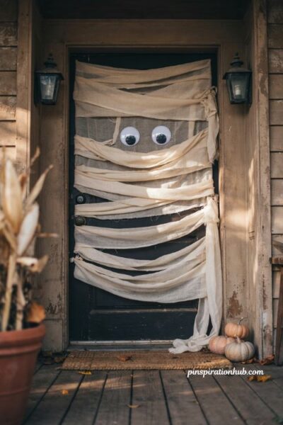 Halloween porch ideas with a mummy wrapped front door and googly eyes