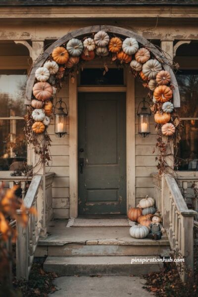 Halloween porch ideas with a pumpkin arch over the front entry