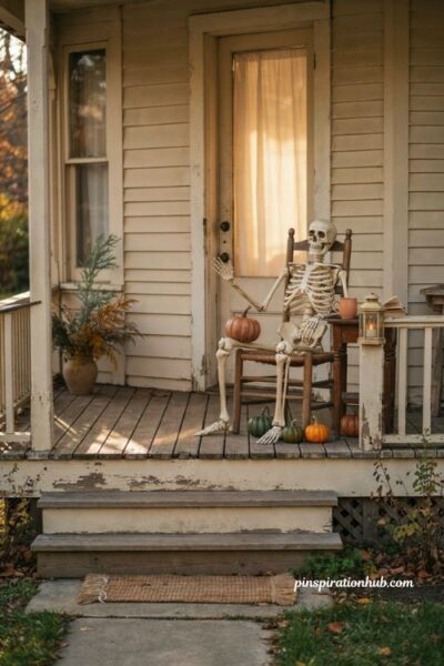 Halloween porch ideas with a skeleton sitting in a chair with pumpkin