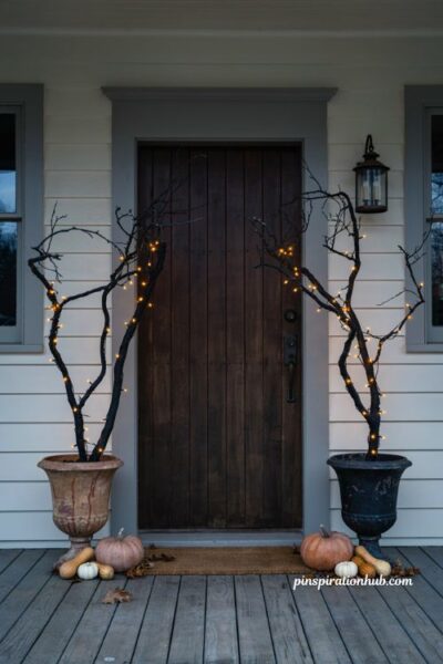 Halloween porch ideas with black branches and orange string lights