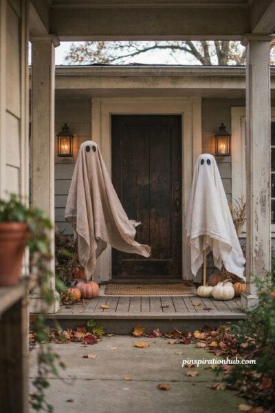 Halloween porch ideas with diy sheet ghost greeters by the front door