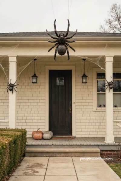 Halloween porch ideas with oversized spiders hanging above the front door