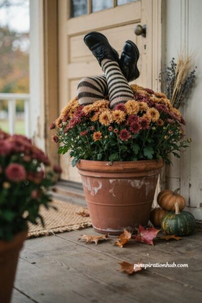 Halloween porch ideas with witch legs in potted mums