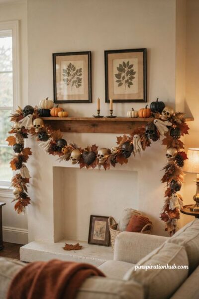 Halloween skull and ghost garland fall mantel decor ideas