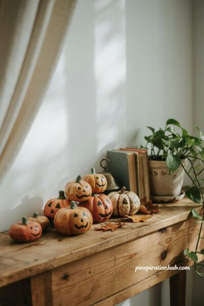 Hand painted rock and wood pumpkins with vintage folk art charm