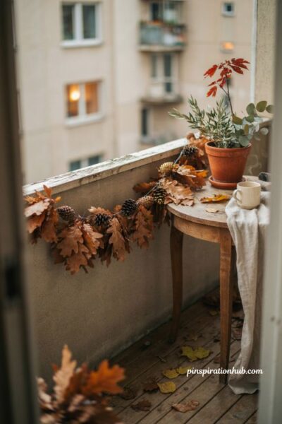 Hand tied fall garland with leaves and pinecones, rustic balcony railing decor with dried autumn foliage, natural pinecones, subtle gold accents, and cozy seasonal styling