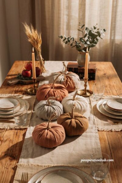 Handmade fabric pumpkin centerpiece with twine for cozy farmhouse fall table decor