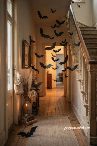 Hanging paper bats on a cozy Halloween feature wall with warm autumn lighting