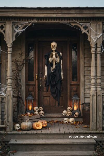 Hanging skeleton display for dramatic diy Halloween door decor