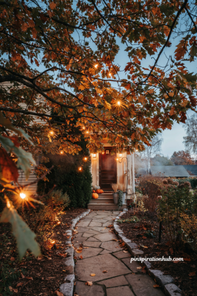 # Hanging sparkling spritzers title Fall yard lighting with hanging starburst lights tree branches and glowing porch path